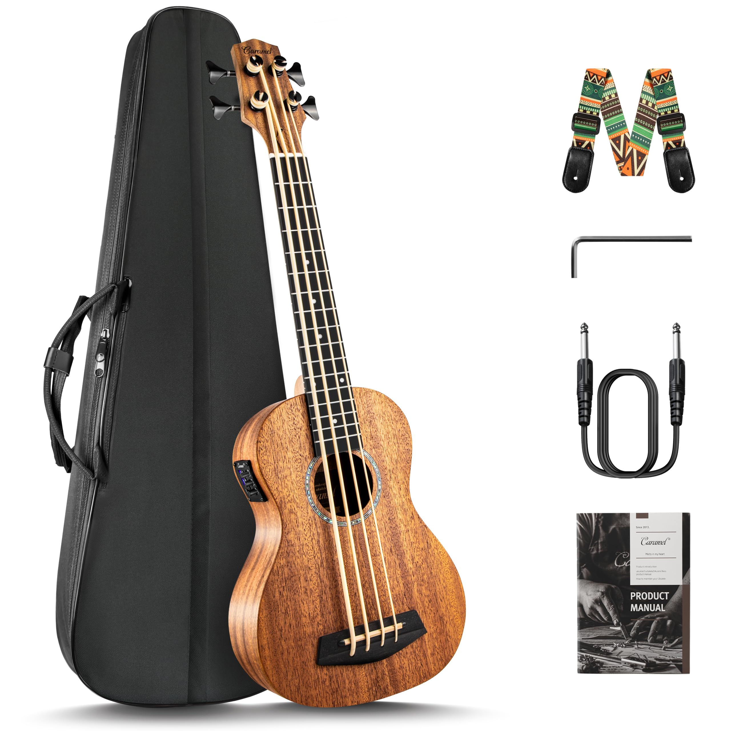 Caramel CUB402 Ukelele bajo eléctrico de caoba de madera maciza de 30 pulgadas - Afinado como E-A-D-G