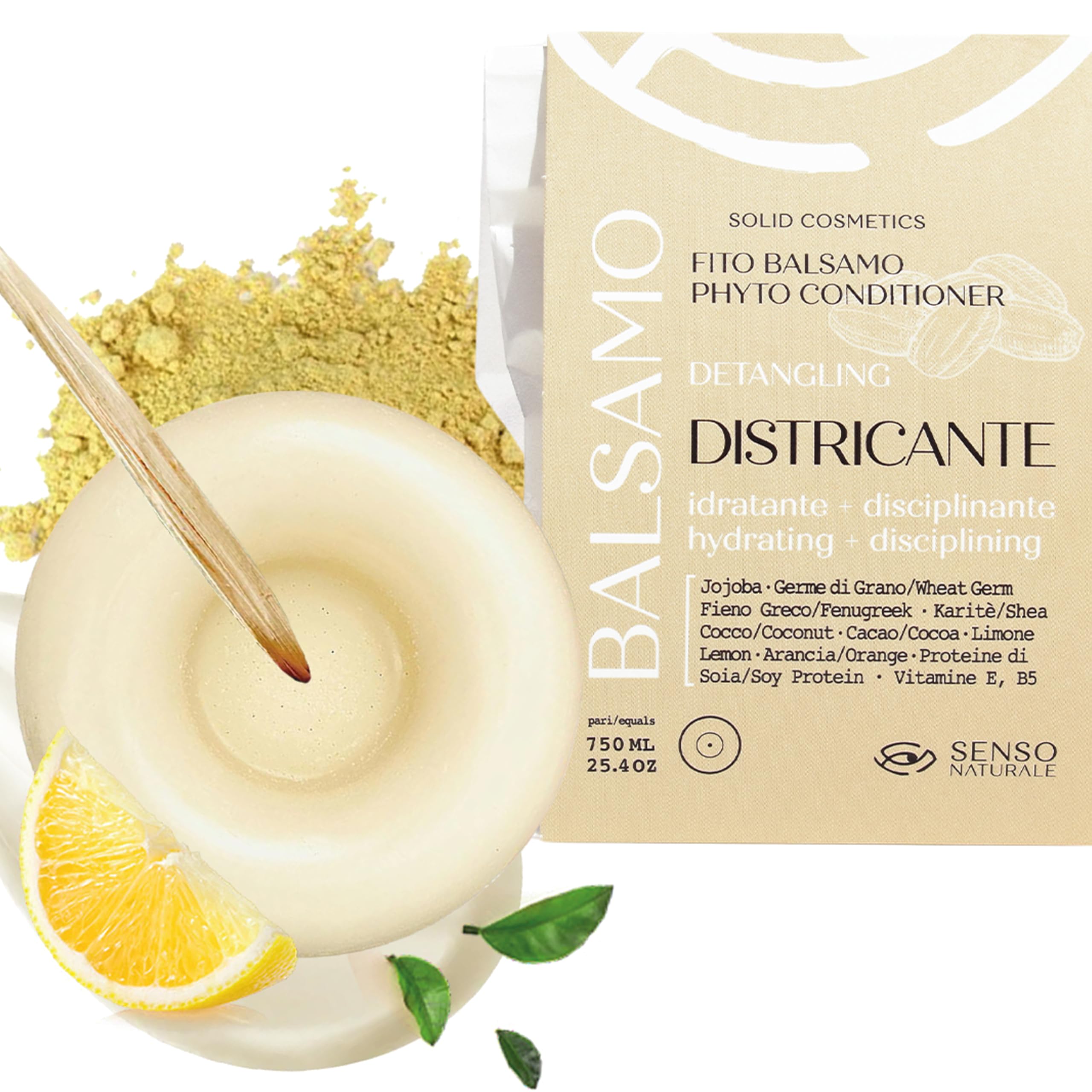 Senso Naturale Solid Detangling Hair Conditioner, Repairs Split Ends Facilitates Styling, 100% Natural and Plastic Free, ph 4.0-4.5