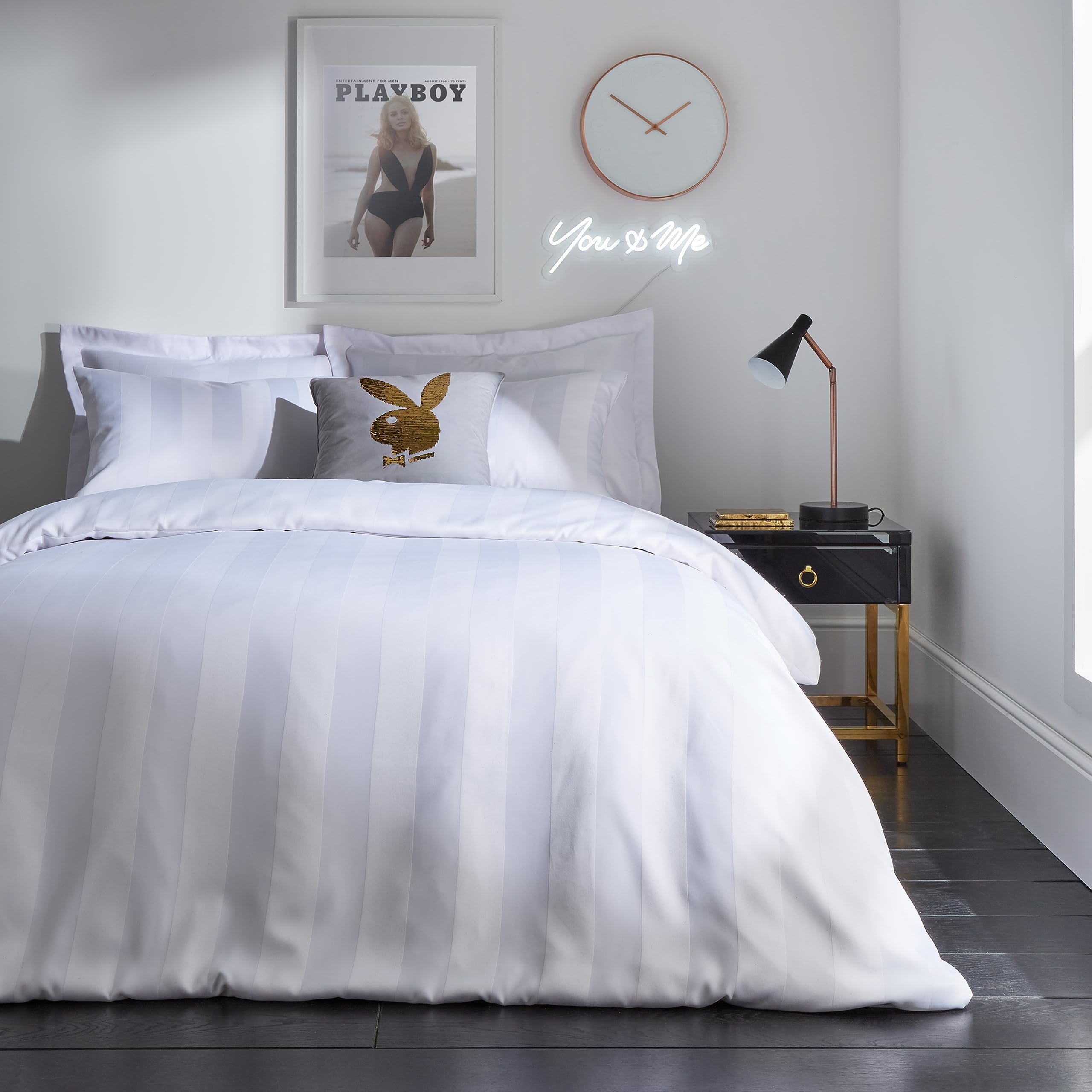 Sassy B Playboy Bedding Soft Satin Stripe Double Duvet Cover Set with Pillowcases White