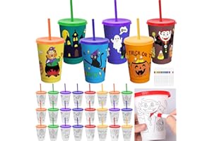 Zealor 24 pcs Halloween Color Your Own Cups with Lid and Straw 16 Oz Plastic DIY Tumblers Bulk & 12 Color Watercolor Pens Reusable Pumpkin Cup Craft Kits for Halloween Party Favors Supplies