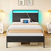 Rolanstar Bed Frame Twin Size with Charging Station, LED Twin Bed Frame with Wood Headboard, Platform Bed with Metal Slats & Under Bed Storage, No Box Spring Needed, Noise Free, Black Oak