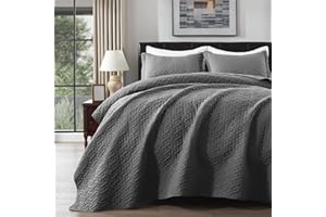 YSTHER Light Gray Queen Size Quilt Set, Bedspreads&Coverlets, Three Piece Set of ultrasonic Printed Bedspread- All Season Used Bed Covers (1 Quilt, 2 Pillowcases) (Light Gray, Queen)
