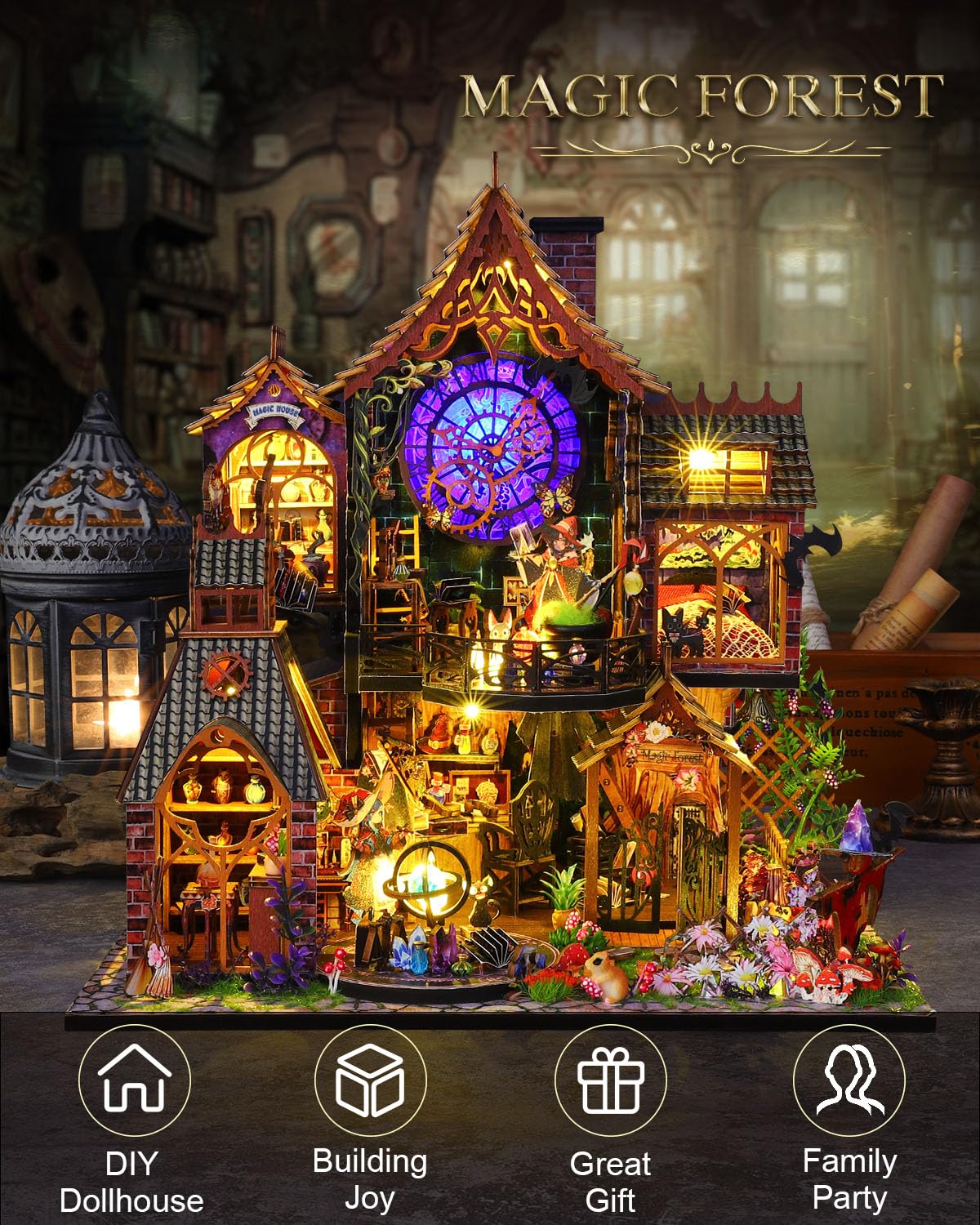 OurMiao DIY Miniature House Kit Magic Forest, Mini Doll House Building Kit with LED Lights Furniture, Miniature Dollhouse Kit Wooden Crafts for Adults Teens Gifts