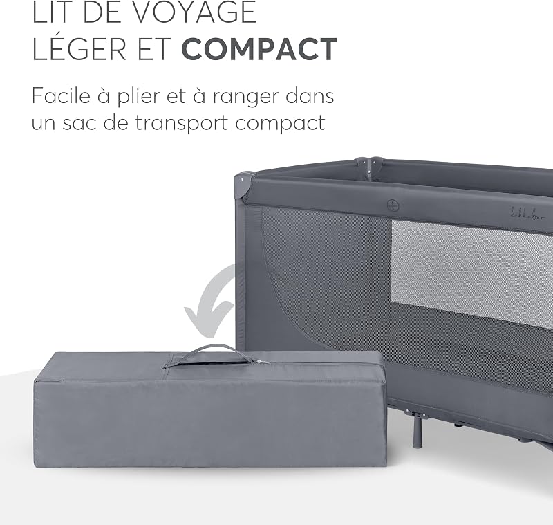 KikkaBoo Lit Parapluie Bébé Pliable Compact So Gifted, Lit de Voyage Léger 120x60 cm, Jusqu’à 15 kg, sans Matelas, Sac de Transport Inclus, Gris Foncé, Cot