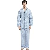 Amaxer Men's 100% Cotton Pajama Set Long Sleeves Pjs Elastic High Waist Sleepwear