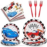 WERNNSAI Cars Birthday Decorations - 64PCS Race Car Plates Napkins and Forks Set Racing Birthday Party Supplies Checkered Plates and Napkins for Kids Boys Baby Shower Favors Serves 16 Guests