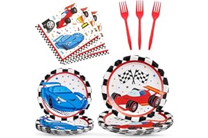 WERNNSAI Race Car Party Supplies - 64PCS Checked Racing Party Plates Napkins Forks for Kids Boys Birthday Party Supplies Disp