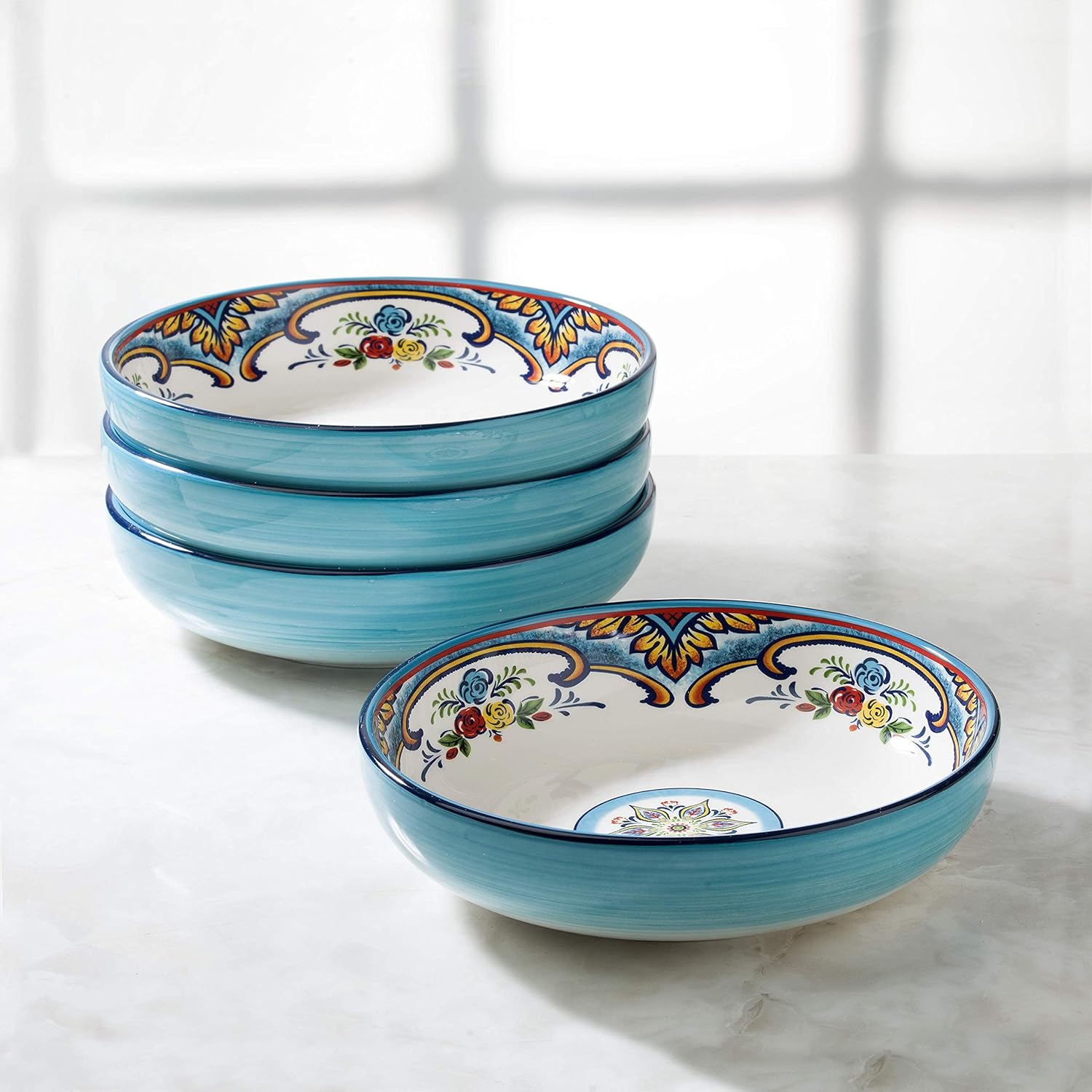 Euro Ceramica Zanzibar Collection Pasta Bowls, Set of 4, Spanish Floral Design, Multicolor Blue: Kitchen & Dining