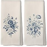 shiviody Vintage Blue Floral Kitchen Towels - Blue and White Flower Dish Towels, Cottagecore Wildflower Decorative Absorbent Dishcloths Hand Towels Set of 2 for Kitchen Bathroom Decor 16x24 Inches