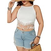 SHENHE Women's Plus Size Fringe Tank Top Halter Neck Boho Tassel Top Asymmetrical Crop Top