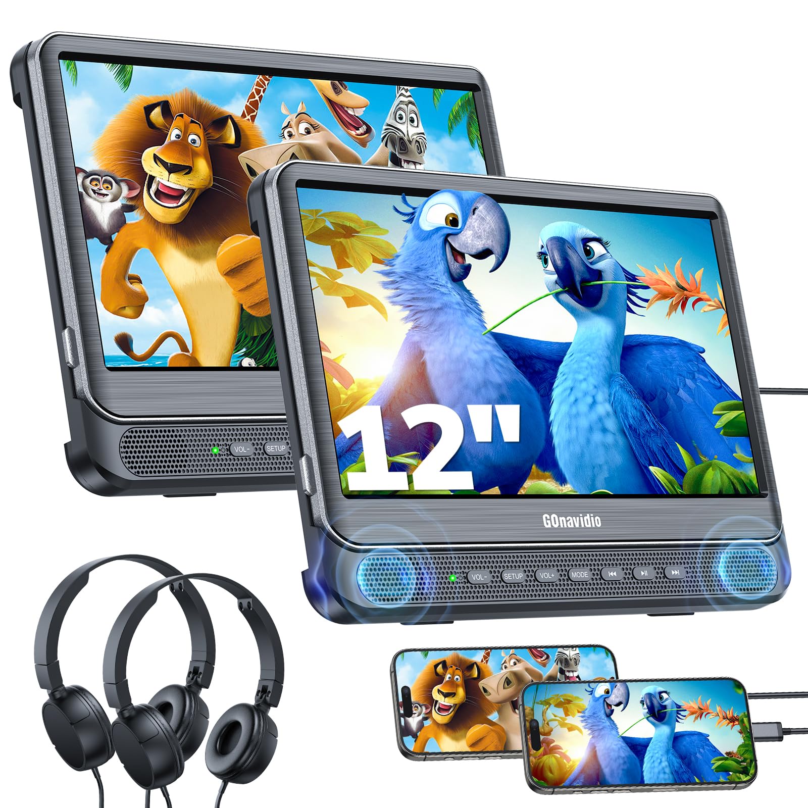 Photo 1 of GOnavidio 12" Dual Car DVD Players with HDMI Input, Car TV Screen with Headphones, Mounting Brackets, Support Sync TV/Phone, USB/TF Card, MP4/MKV, Play Same/Different Movies, Dual Speakers, No Battery