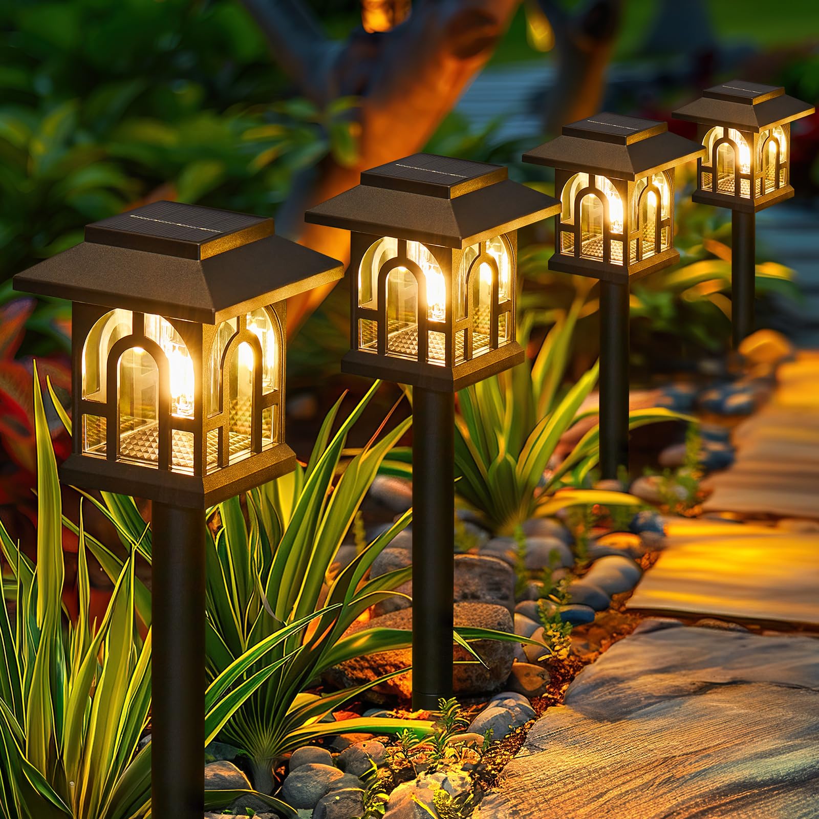 BUCASA Solar Lights Outdoor Garden, 6 Pack Garden Lights Solar Powered Waterproof with Warm White Light, Retro Solar Garden Ornaments Outdoor Path Lights for Landscape, Patio, Yard, Pathway