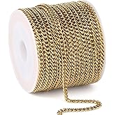 33FT Gold Cuban Chain Roll, 3mm 18K Gold PVD Plated Stainless Steel Curb Link Chains Spool Bulk for DIY Craft Jewelry Making
