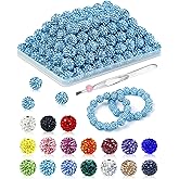 120PCS FIVEIZERO Rhinestone Beads for Jewelry Making, 10mm Aquamarine Shiny Round Sparkle Crystal Clay Bead Bulk Sparkly Baseball Necklace Beads for Bracelets and DIY Crafts