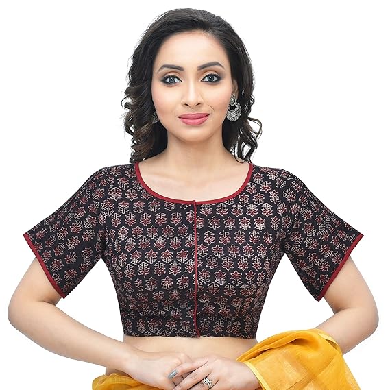 Women Cotton Printed Stitched Blouse (Black) - D-005421