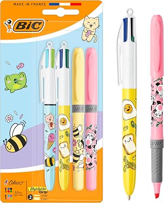 4 Cores Decors Série Kawaii Caneta Retrátil de Ponta Média (1,00 mm) em cores alegres de tinta + Decoração de empunhadura para marcador BIC Ponta chanfrada - Vários designs Kawaii, Pack de 4