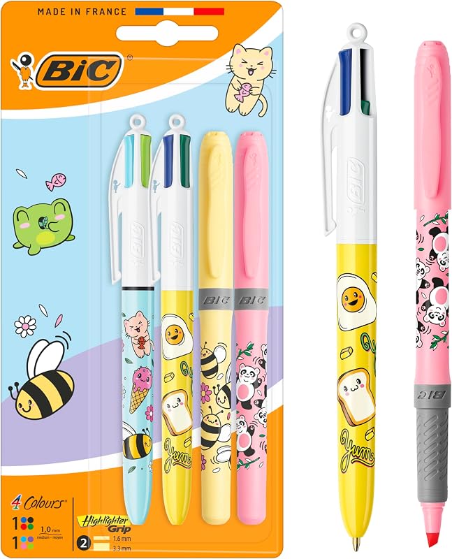 Penna a Sfera a Scatto BIC 4 Colours Decors Kawaii Punta Media (1 mm) Inchiostro Colori Divertenti + penna evidenziatore BIC Highlighter Grip Décor Kawaii - Disegni Kawaii Assortiti, Confezione da 4