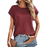 Dokotoo Womens Blouses Summer Casual Cap Short Sleeve Tops Basic Textured Solid Color Round Neck T Shirts Blouse