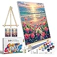 JOOZ Paint by Numbers Kit for Adults with Frame, Flowers Paint by Numbers for Adults, Seaside Sunset Paint by Number with Easel, DIY Tulip Oil Painting Kit for Home Wall Decor 8 x 12 Inch