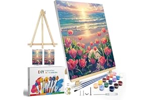JOOZ Paint by Numbers Kit for Adults with Frame, Flowers Paint by Numbers for Adults, Seaside Sunset Paint by Number with Easel, DIY Tulip Paint by Number Kits for Home Wall Decor 8 x 12 Inch