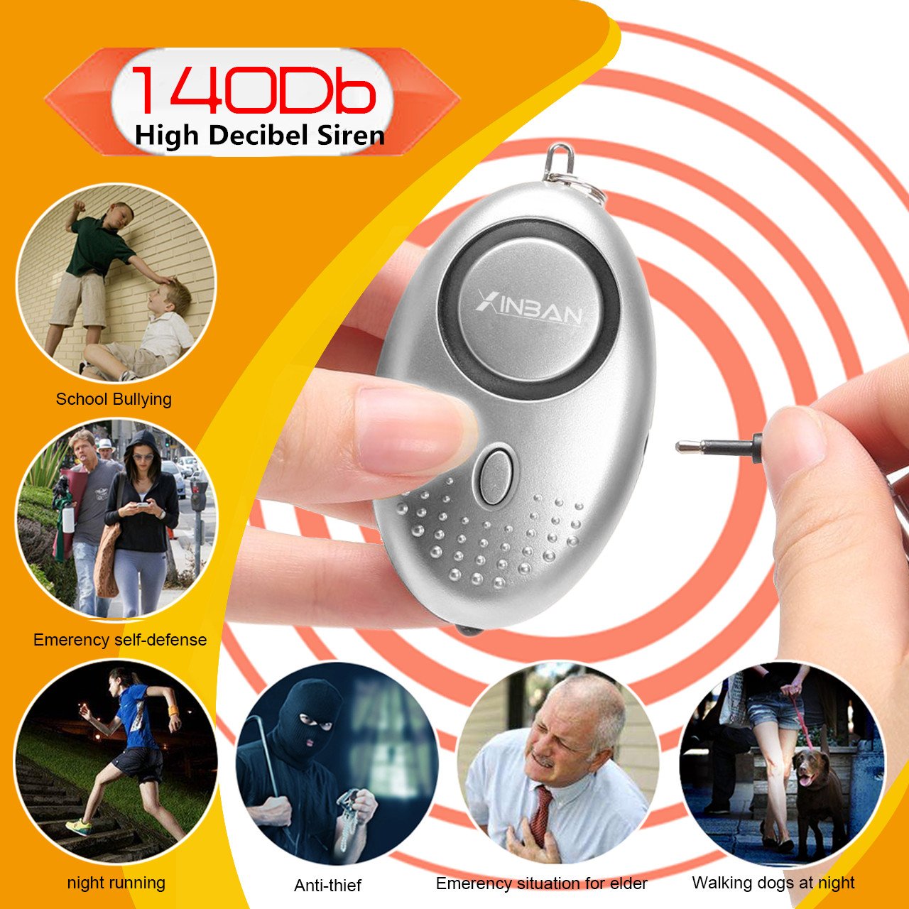 Persönlicher Schlüsselalarm Personenalarm 140dB für Frauen Panikalarm Schlüsselanhänger Sirene, mit LED Fackel(1er Silber)