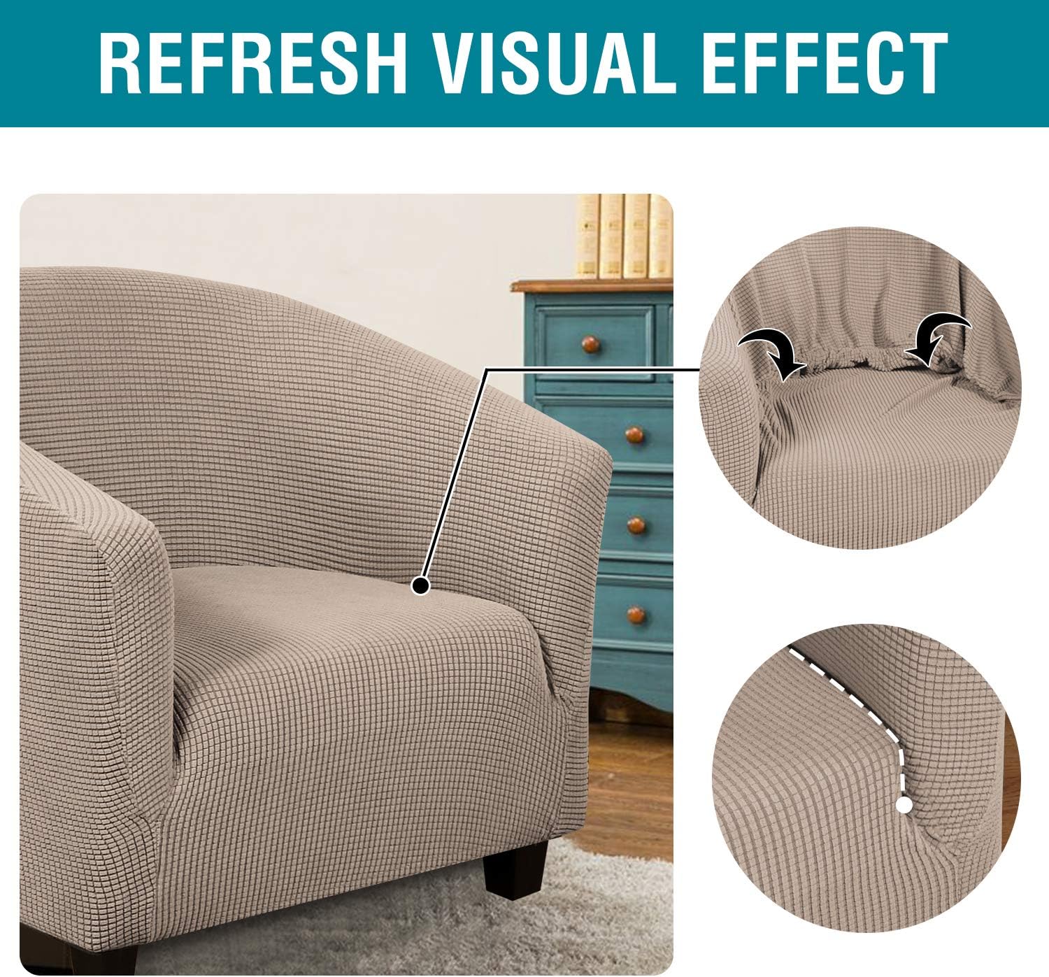 High Stretch Club Chair Cover Tub Chair Cover Armchair Sofa Slipcover with Elastic Bottom Super Soft Jacquard Spandex Skid Resistance Furniture Protector (1 Piece, Khaki): Furniture & Decor