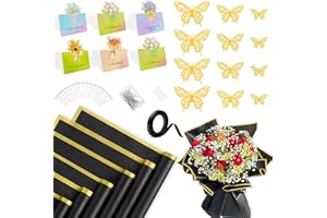 DITERYY 20 Sheets Waterproof Flower Wrapping Paper,Floral Bouquet Wrapping Paper with Diamond Pins 3D Butterflies and Greeting Cards for DIY Crafts Present Packaging Florist Supplies Birthday Party