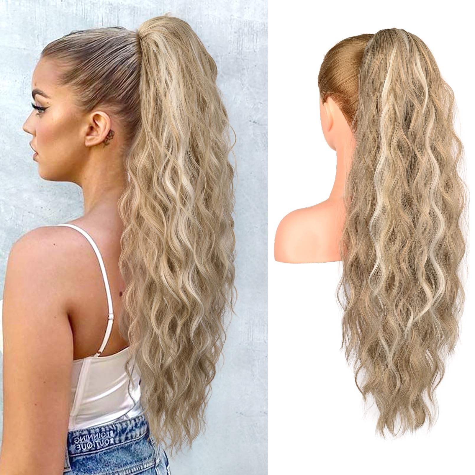 REECHO Ponytail Extension, 26" Long Beach Wave Drawstring Pony Hair Extension Synthetic Pony Tail Hairpiece for Women - Ash Blonde with Highlights — image 1