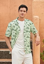 Mens Hawaiian Shirts Cotton Short Sleeve Button