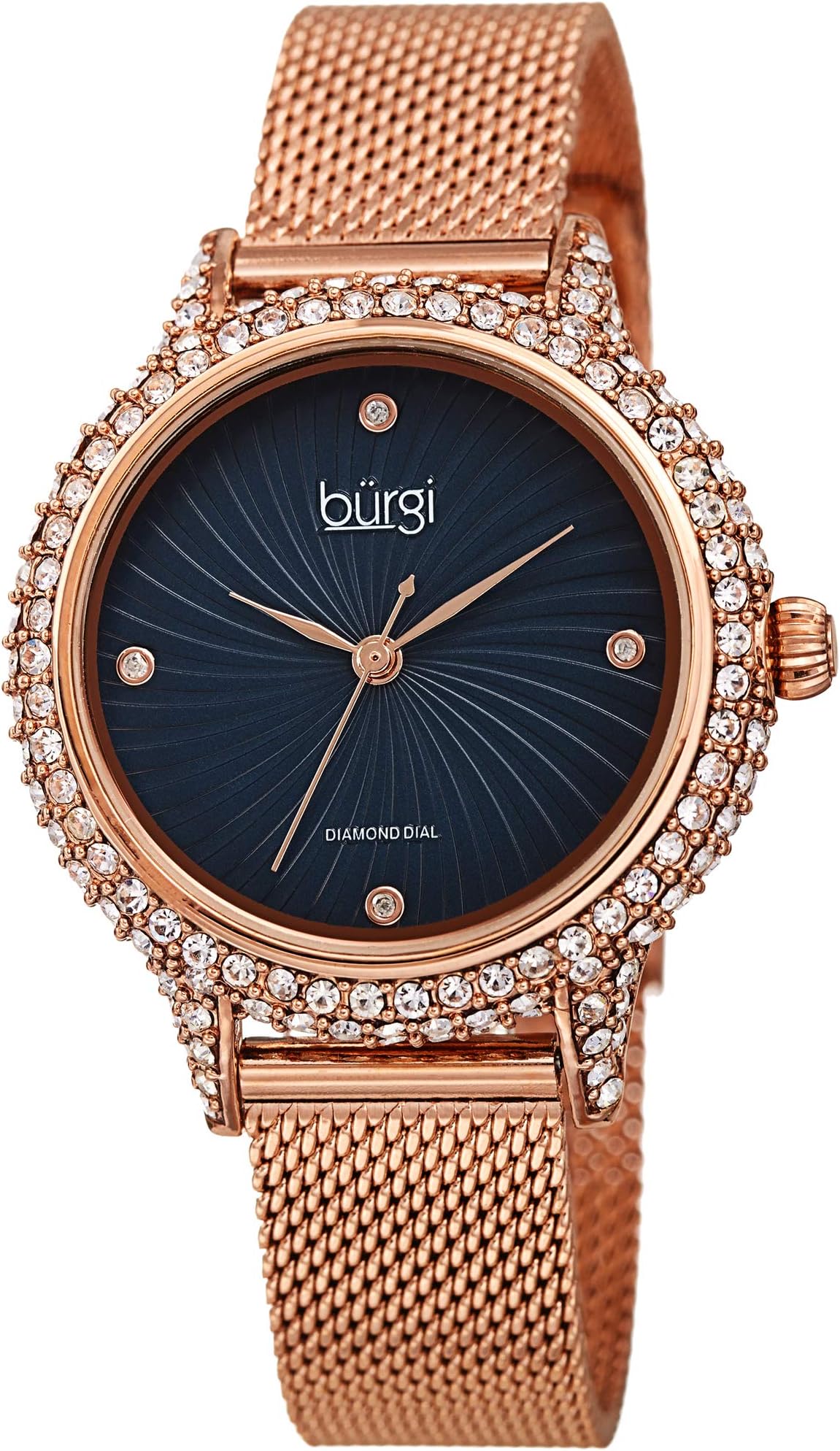 Burgi Swarovski Crystal Studded Case Watch - Embossed Whirlwind Patterned Dial with 4 Hand-Applied Genuine Diamond Markers On Comfortable Mesh Bracelet - BUR250