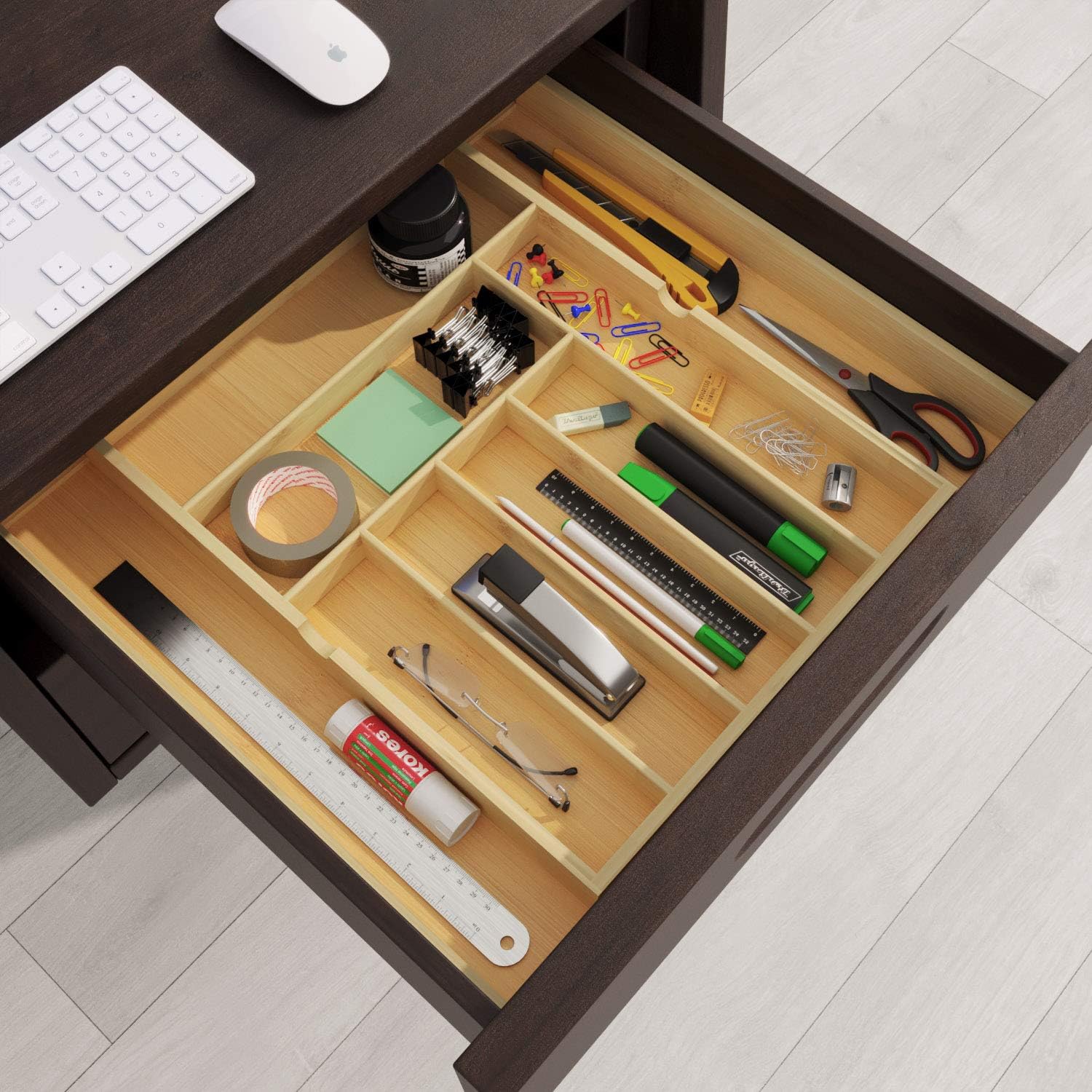 BAMEOS Utensil Drawer Organizer, Cutlery Tray Desk Drawer Organizer Silverware Holder Kitchen Knives Tray Drawer Organizer, 100% Pure Bamboo Expandable Adjustable Cutlery: Home Improvement