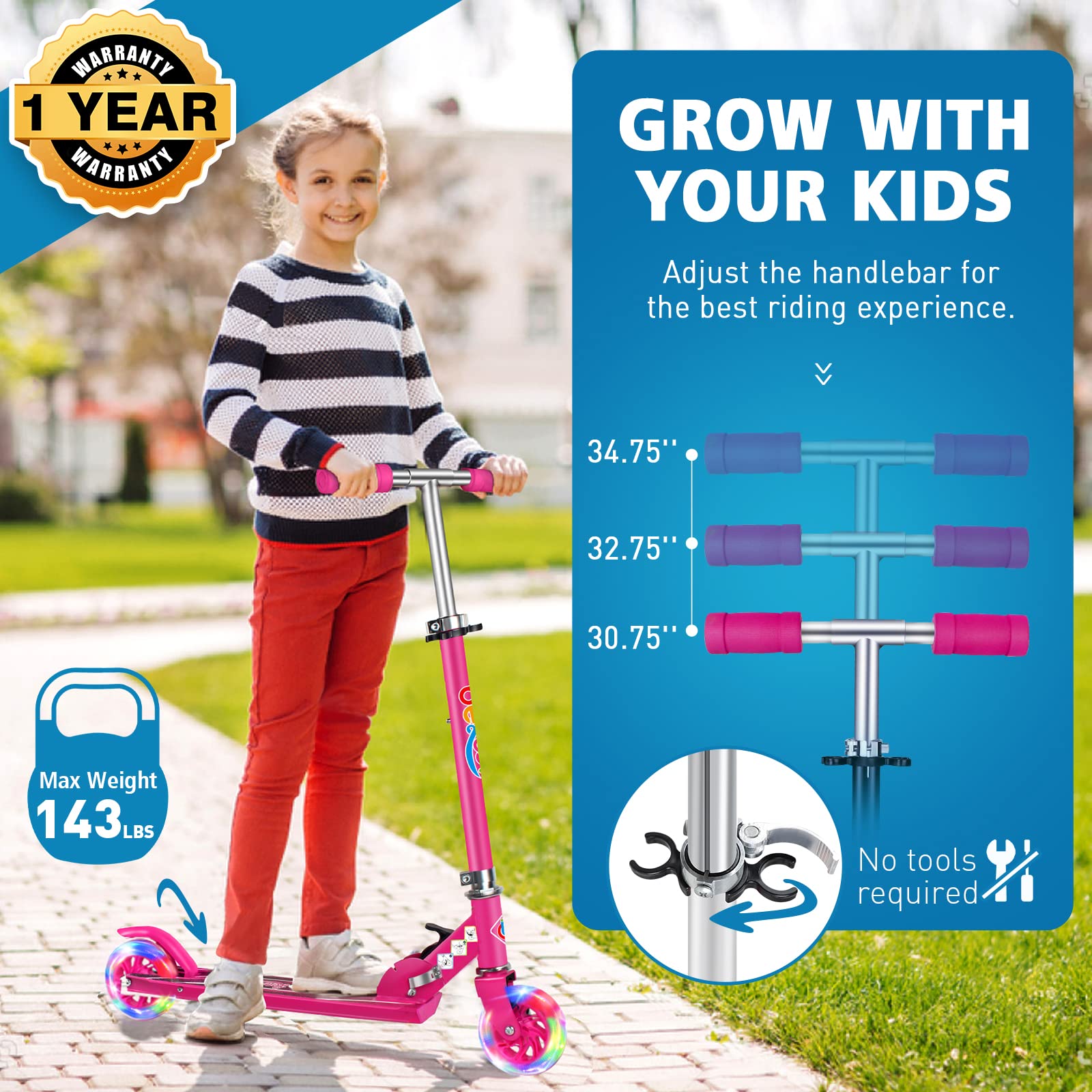 BELEEV V1 Scooters for Kids, 2 Wheel Folding Kick Scooter for Girls Boys, 3 Adjustable Height, Light Up Wheels, Lightweight Scooter with Sturdy Frame, Kickstand for Children 3 to 12 Years Old
