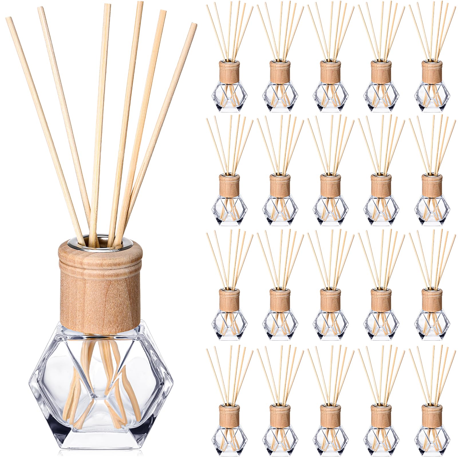 Photo 1 of Roshtia 20 Set Reed Diffuser Bottle Empty Refillable Fragrance Glass Diffuser Bottles Set with Wooden Caps Rattan Sticks 50ml 1.7 oz Irregular Glass Jars for DIY Fragrance