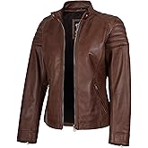 Decrum Womens Leather Jacket - Real Lambskin Cafe Racer Style Leather Jackets for Women