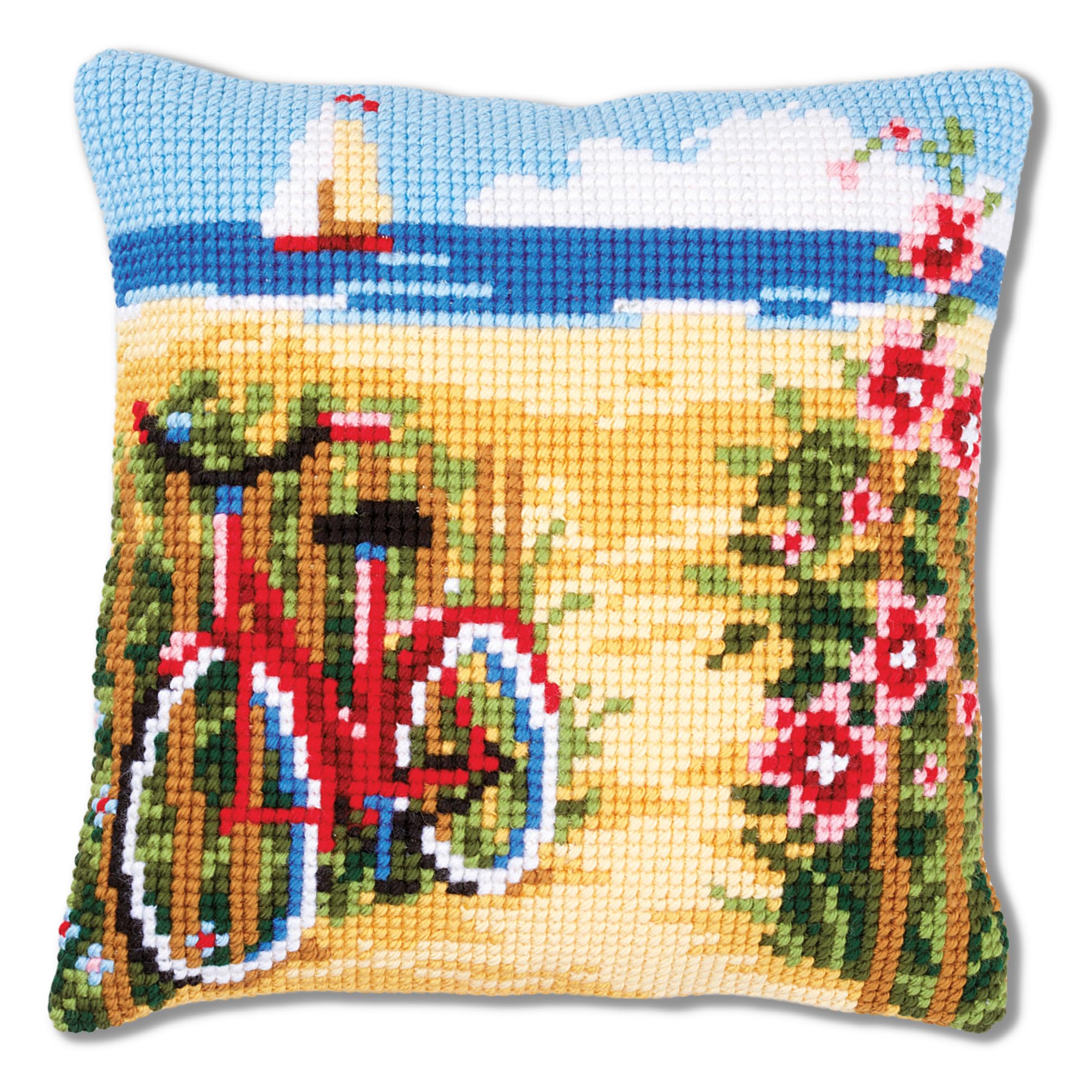 Vervaco Cross Stitch Cushion Bike on The Beach, Outlined Cross Stitch Kit Cushion Vorbeze Nice, Cotton, Multicoloured, 40 x 40 x 0.3 cm