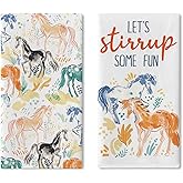 Croar Watercolor Horse Kitchen Dish Towels Set of 2, Colorful Let's Stirrup Some Fun Drying Hand Towel Baking Cooking Cloth, Farmhouse Equestrian Bathroom Home Decoration Horse Lover Gifts 18''x26''