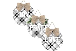 HICARER 3 Pieces Christmas Hanging Sign Decorations Peace Joy Love Sign Buffalo Check Plaid Wreath for Front Door Rustic Burlap Wooden Holiday Decor Christmas Indoor Outdoor Decorations (Black White)