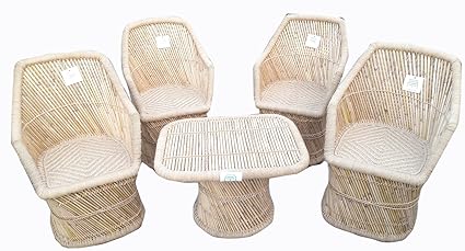 Ecowoodies Cane / Bamboo Patio Outdoor Furniture Table Set( Beige : 4 Chairs + 1 Table)