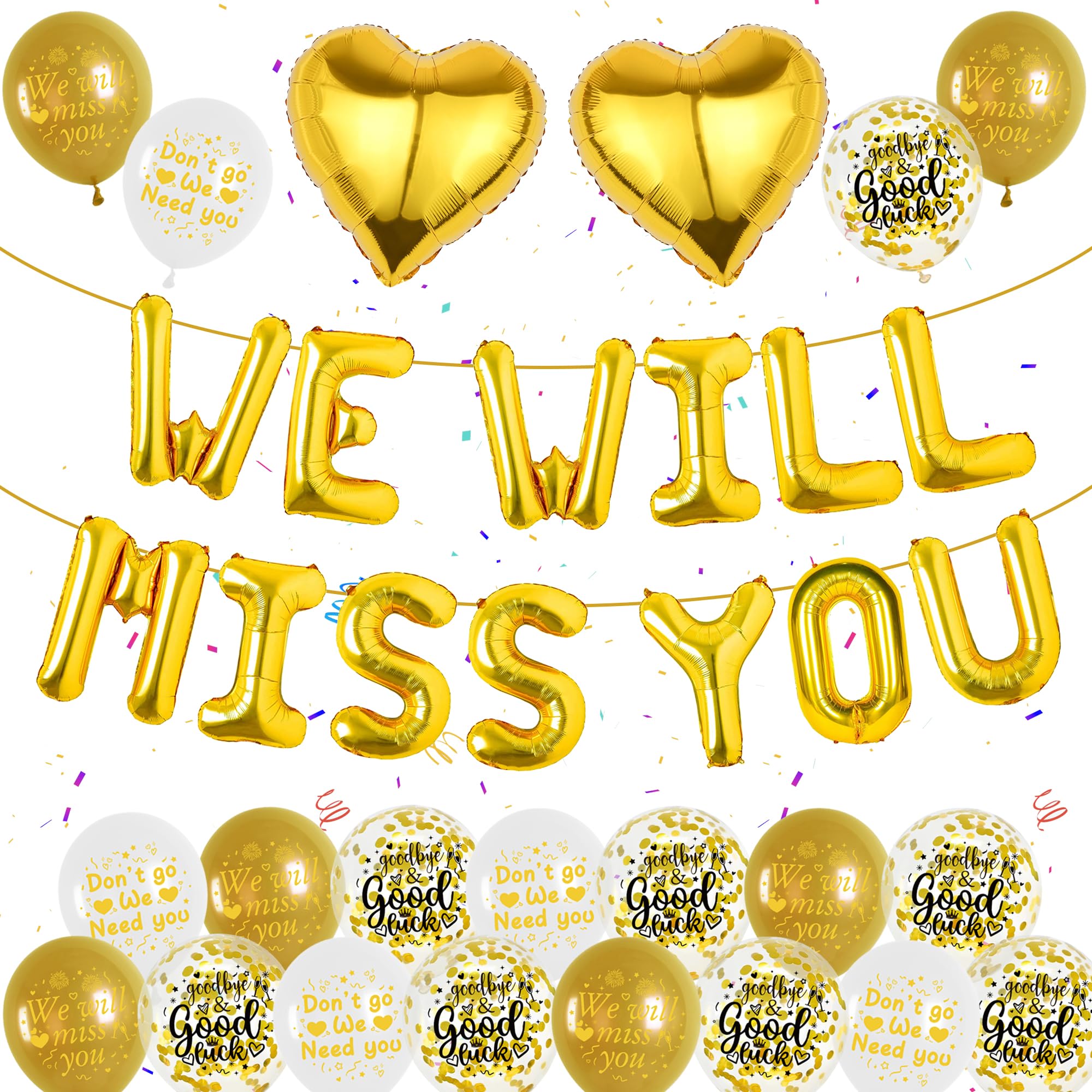 We Will Miss You Decorations - Gold Retirement Balloon Banner Set Include Letters Foil Balloons Good Luck Balloons for Going Away Goodbye Graduation Retirement Office Work Party Supplies