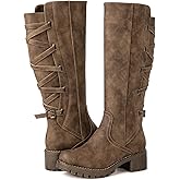 GLOBALWIN Women's Strappy Motorcycle Knee High Boots Riding Boots Back Lace Up Fall Winter Fashion Knee High Boots For Women