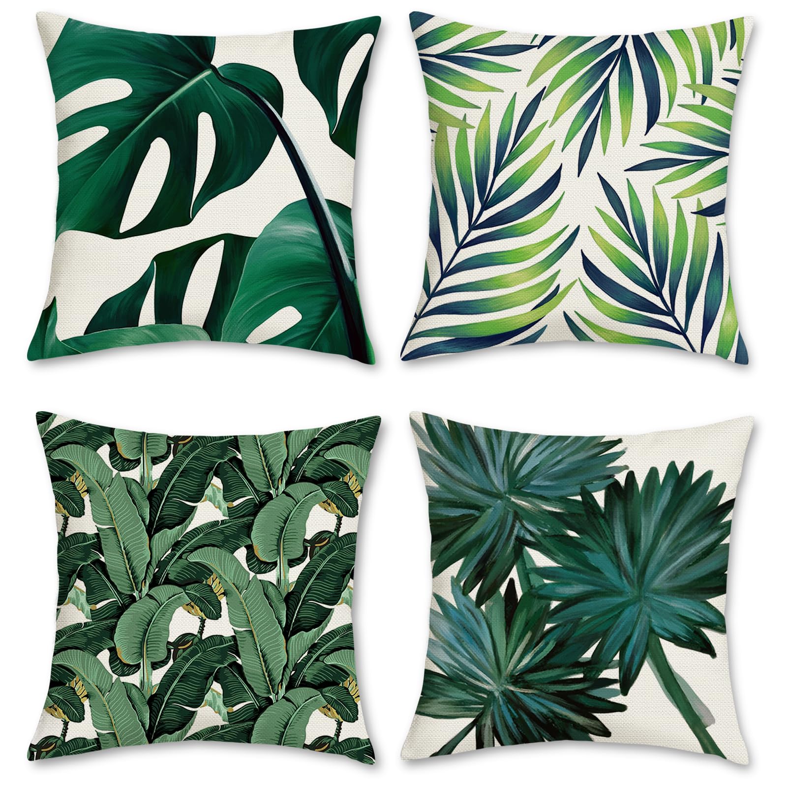 Bonhause Tropical Leaves Cushion Covers 45 x 45 cm Green Leaf Decorative Throw Pillow Covers Polyester Linen Pillowcases for Sofa Garden Outdoor Home Decor Set of 4 โ image 1