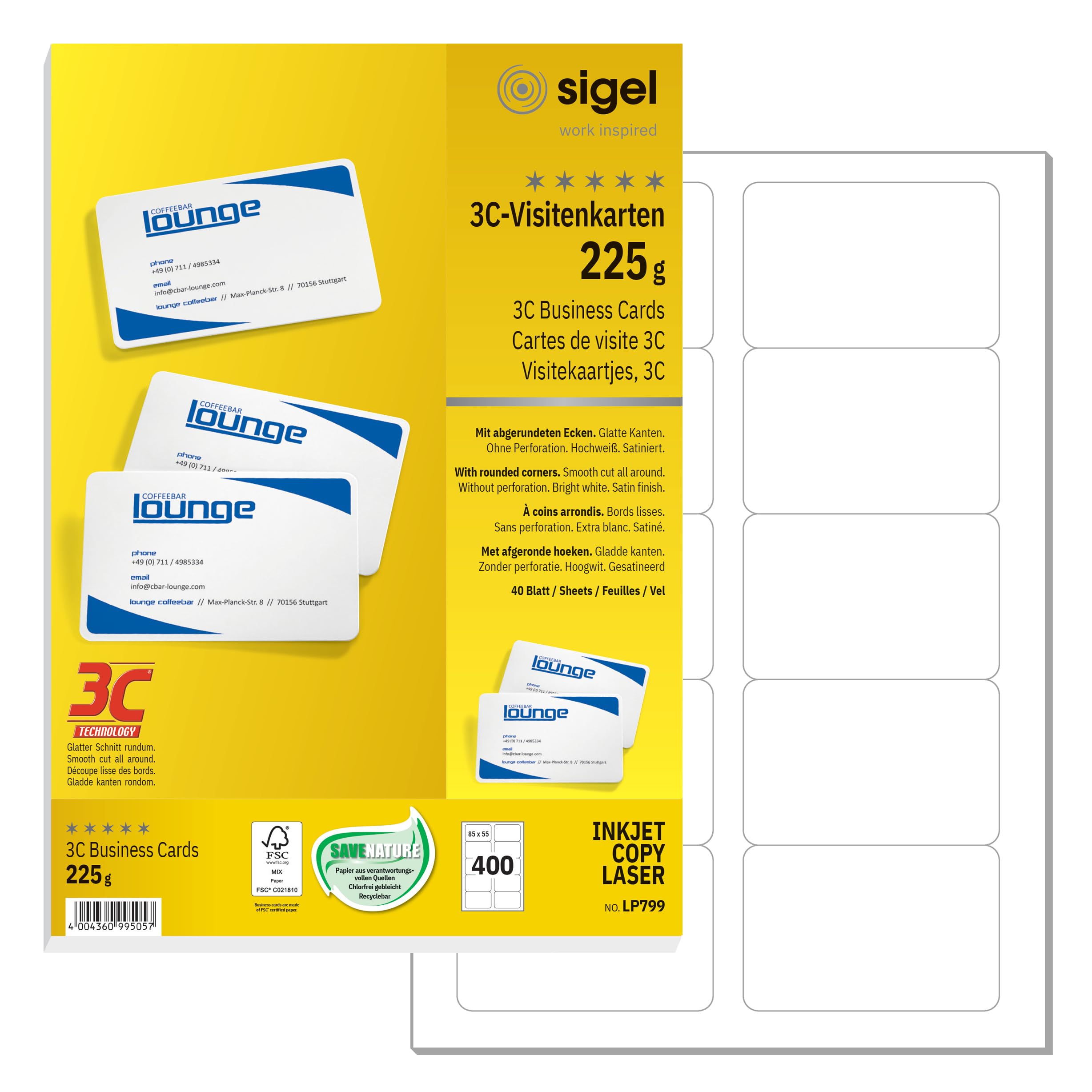 SIGEL LP799 Business Cards, 3C, 85x55 mm (A4), with rounded corners, dyi blank playing cards225 gsm, printable, bright White, 400 pieces= 40 sheets