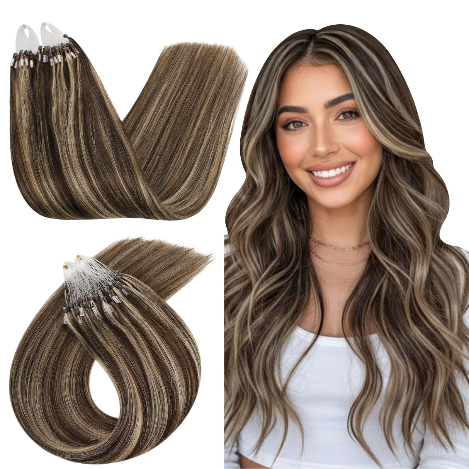 Ugeat Micro Ring Hair Extensions Dark Brown Highlight Caramel Brown 16 Inch Micro Beads Hair Extensions Human Hair Lightweight for All-Day Wear 50G/50S #4/27 โ image 1