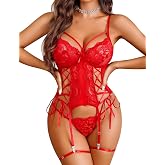Avidlove Lingerie Set for Women Corset and Panty Outfits Teddy Babydoll | Lace Corset Bodysuit, Side Criss-cross Lace-up, Adjustable Garter Straps with Leg Ring, Strappy Silhouette Bra, Romantic Set
