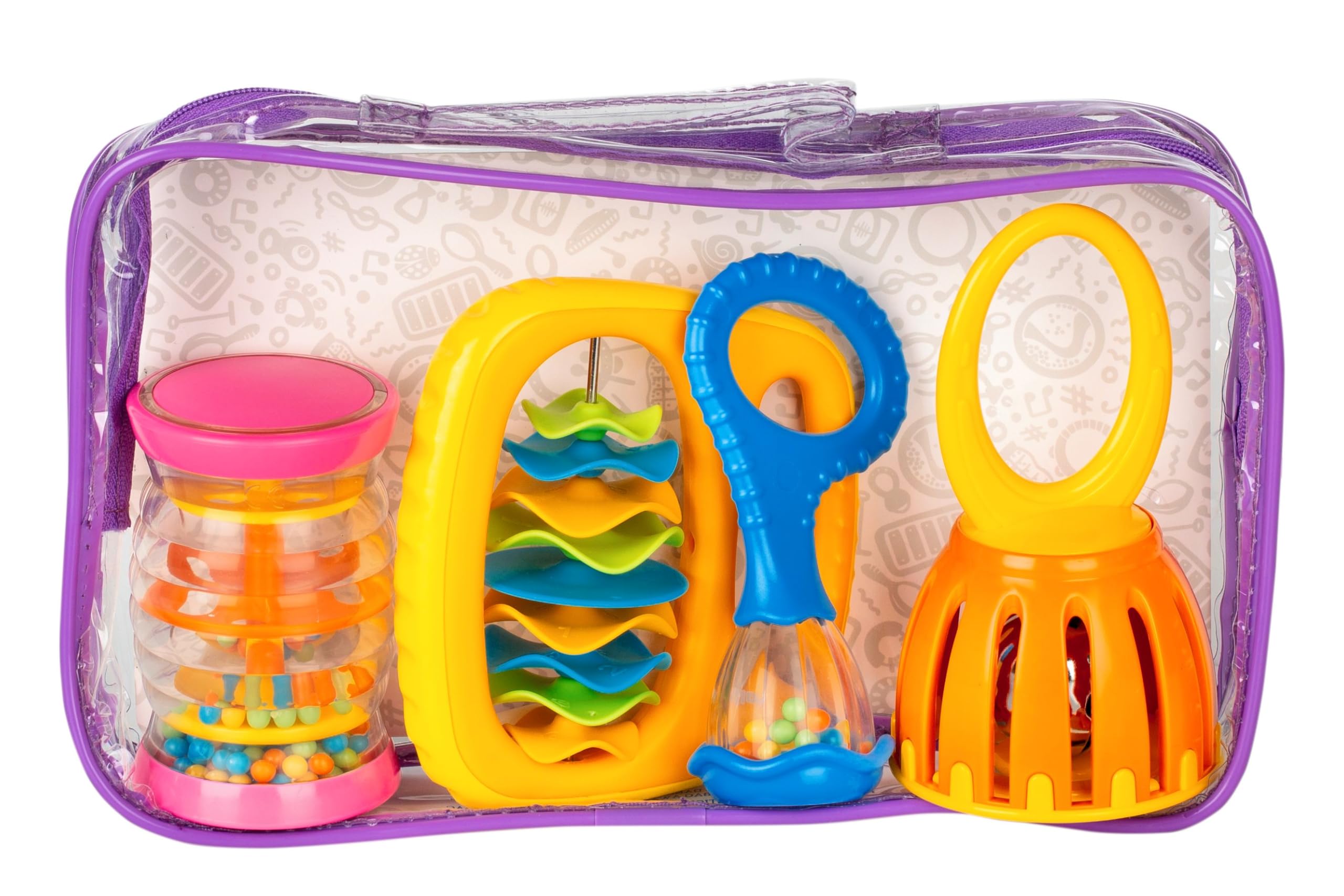 Halilit Baby Band Musical Instrument Gift Set. 4 Piece Musical Sensory set Includes a Rainboshaker, Clip Clap, Cage Bell, Baby Maraca and Clear Carry Case. Suitable for Boys and Girls 6 month +