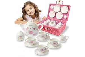 JEWELKEEPER Porcelain Tea Set for Girls - Pink Ceramic Tea Cups with Pink Box - Glass Toy for Kids Party - Ideal Gift for Toddlers and Children's Ages 3 Years Old - Floral Design, 13 Pieces