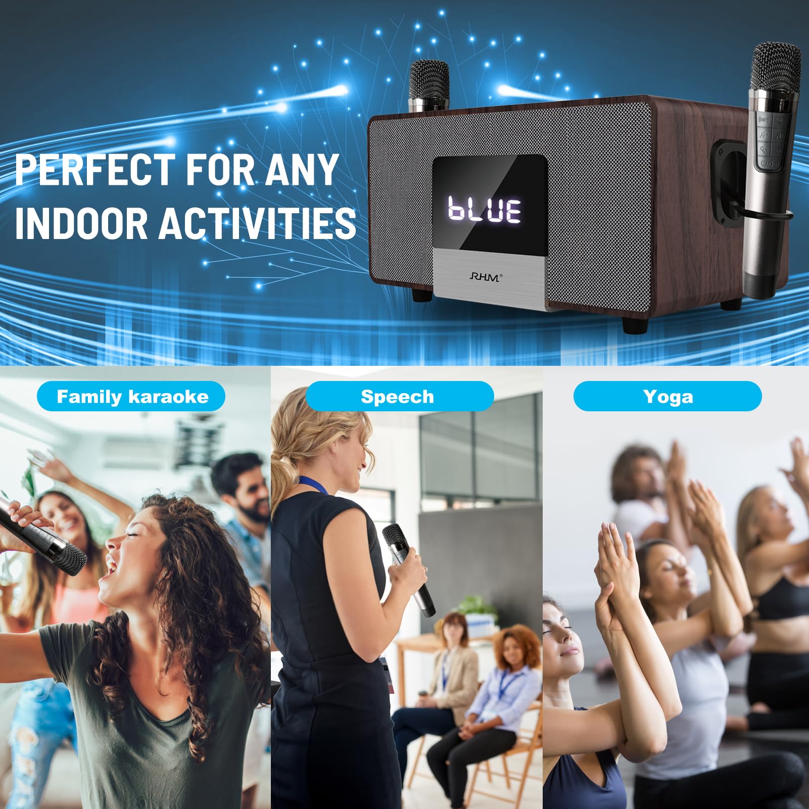 RHM K222 Karaoke Machine with 2 UHF Wireless Microphones & 5 Sound