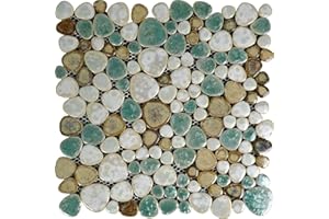 Hominter Pebble Porcelain Mosaic Glossy Mixed Aqua, Cream & Coffee Glazed Ceramic Tile for Bathroom, Shower Floor, Accent Wall, Spa Decor (10 Square Feet)