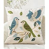 Kokaaee Embroidered Throw Pillow Cover 18x18 Inch - Spring Boho Decorative Pillow Covers with Zipper for Couch Sofa Bedroom Living Room Cushion Pillowcase, Birds Leaves