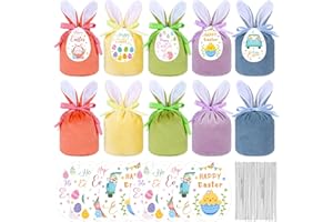 10 Pack Easter Velvet Bunny Gifts Bags Sweet Reusable Drawstring Hunt Bag with Ears Egg-shaped Cards DIY Goody Packaging Deco